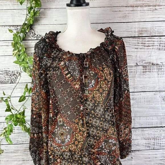 Miss Me Blouse Tunic size Small Black Brown Retro Sheer Ruffles Boho Peasant - Picture 2 of 13